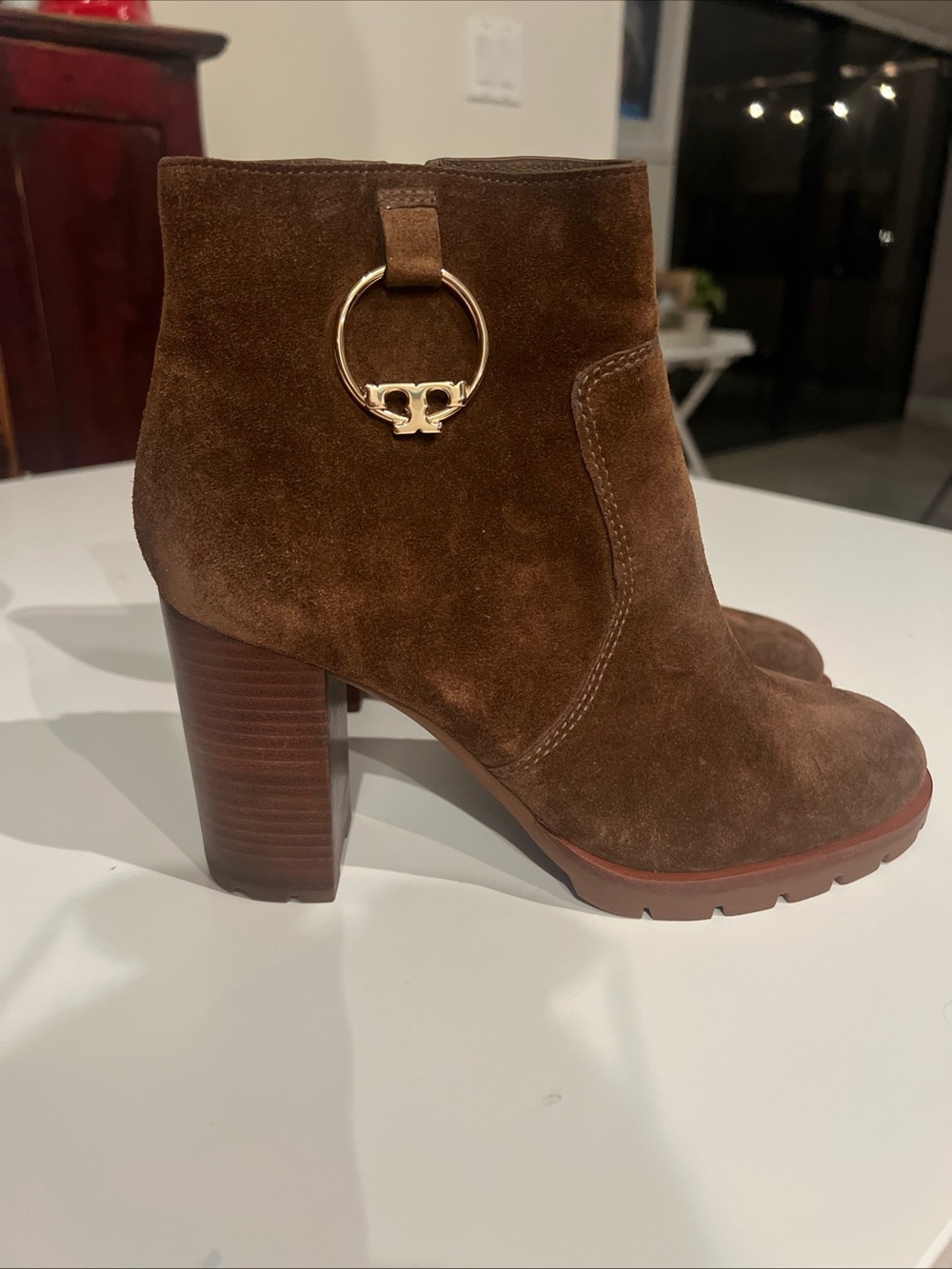 Tory Burch Size 9 Brown Heeled Suede Ankle Boots Gold Logo NEW No box